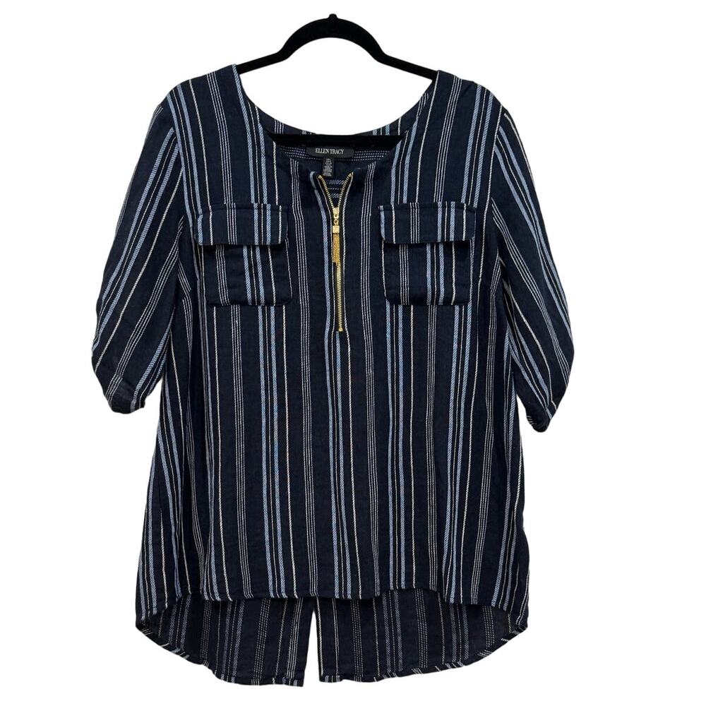 ELLEN TRACY $79 Navy Blue White Stripe Linen Blend Top Size L